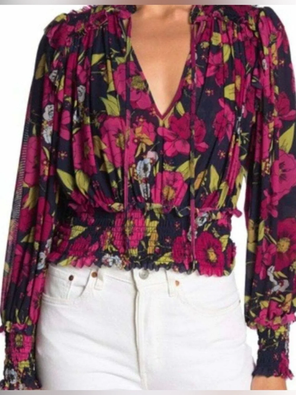 Free People Black Blouse with Fuchsia Floral Print